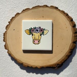 Blonde Cow with Floral Headband Ceramic Tile Decor - Farmhouse
